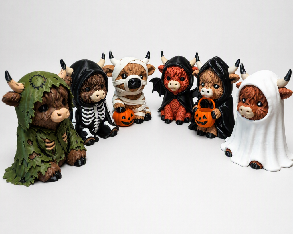 Udderly Dead Highland Cow Figurines 3D Printed Halloween Herd Ghost Mummy Bat Zombie Decor