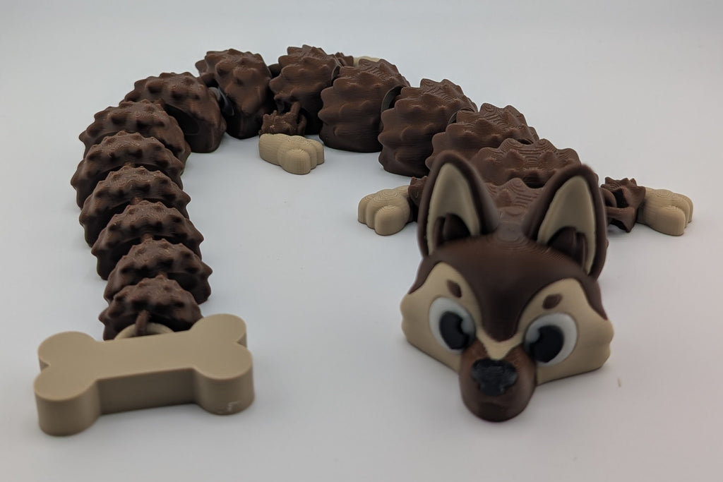 German Shepherd Inspired Flexi Dragon – Articulated Brown & Tan Fidget Toy with Dog Bone Tail