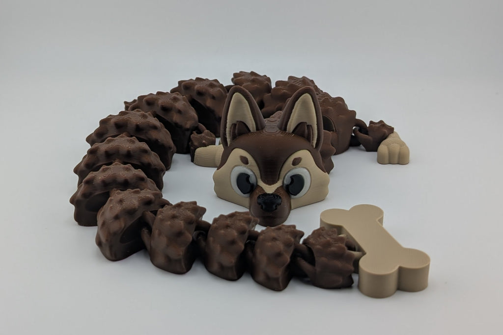 German Shepherd Inspired Flexi Dragon – Articulated Brown & Tan Fidget Toy with Dog Bone Tail