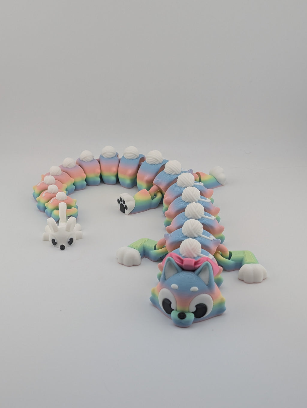 🐱🐉 16.25" Cat Flexi Dragon! 🎀 Matte Rainbow Fidget with Yarn & Mouse Tail ✨🧶