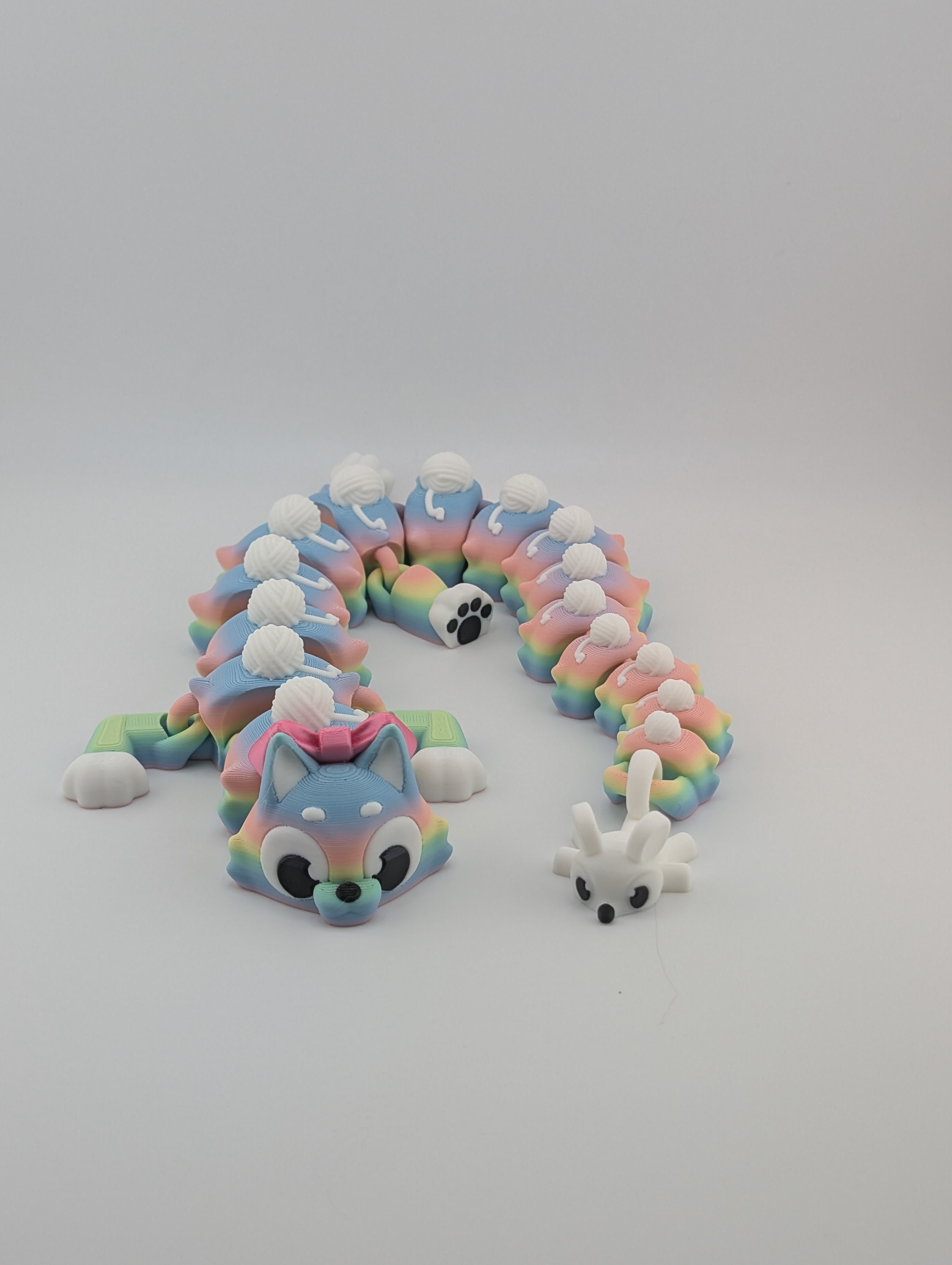 🐱🐉 16.25" Cat Flexi Dragon! 🎀 Matte Rainbow Fidget with Yarn & Mouse Tail ✨🧶