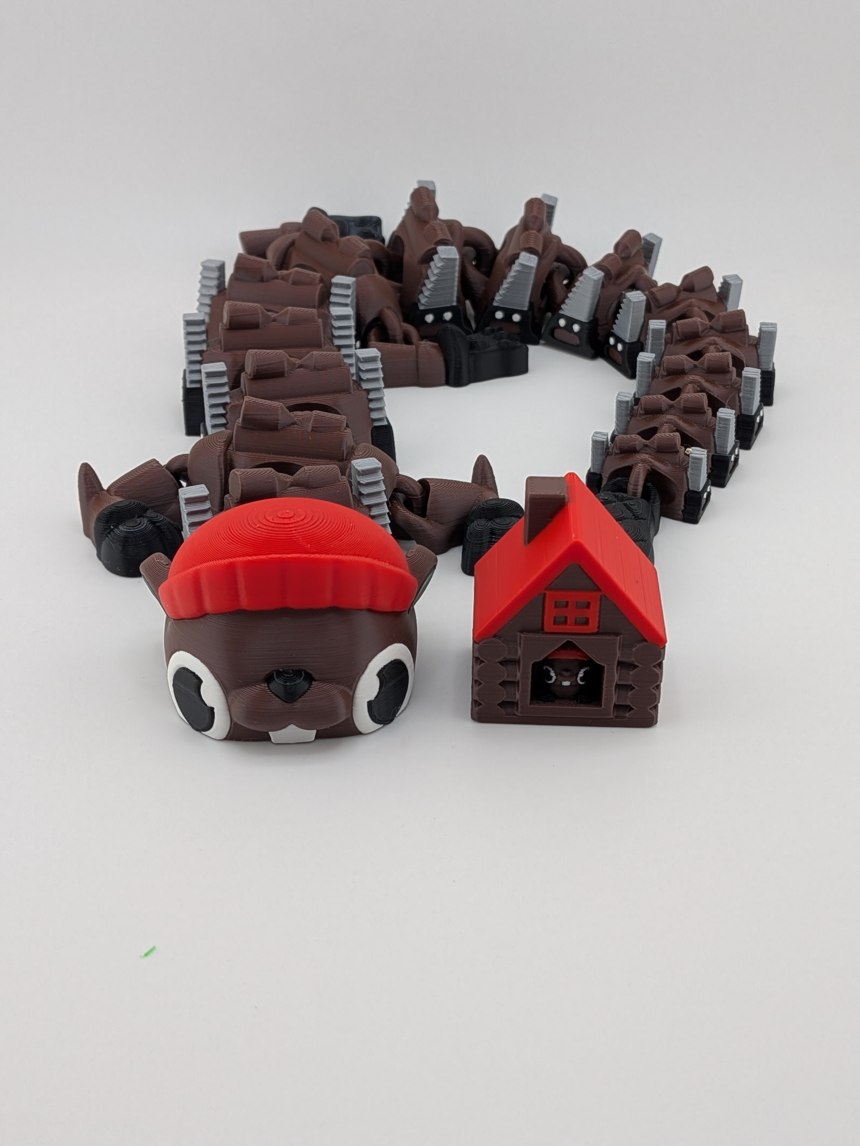 🦫🐉 17" Beaver Flexi Dragon ✨ Lumberjack Fidget with Log Cabin & Baby Beaver! 🪵🪚