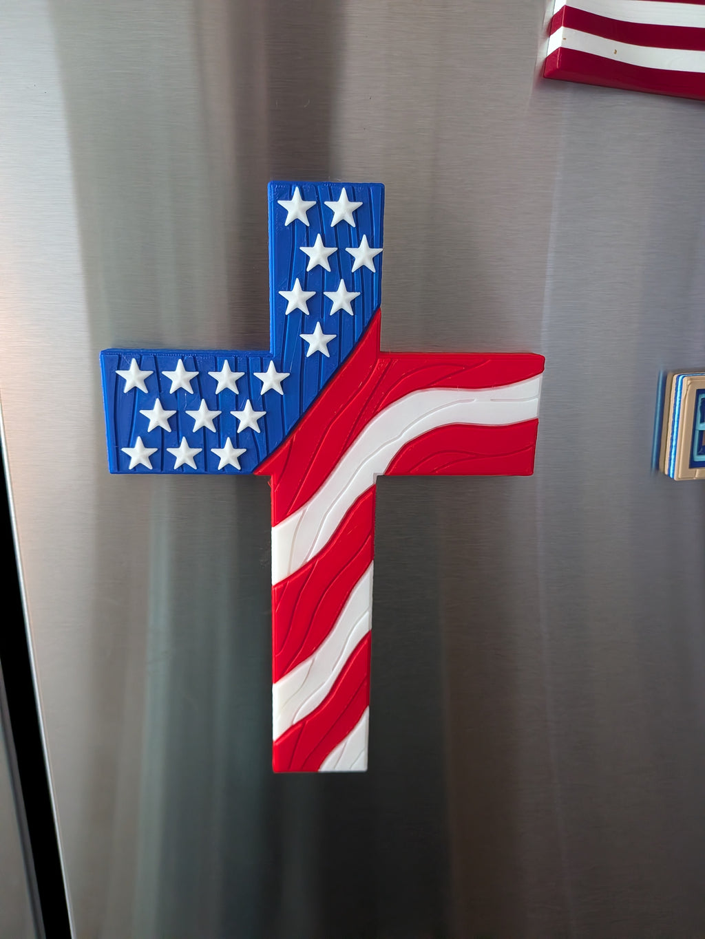 8 Inch Patriotic American Flag Christian Cross Wood Grain Wall Decor Magnet