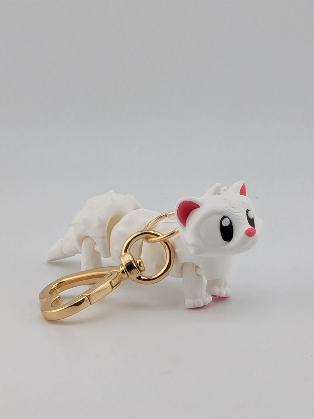 Articulated White Ferret Keychain Buddy Flexi Weasel Toy Gold Heart Clasp