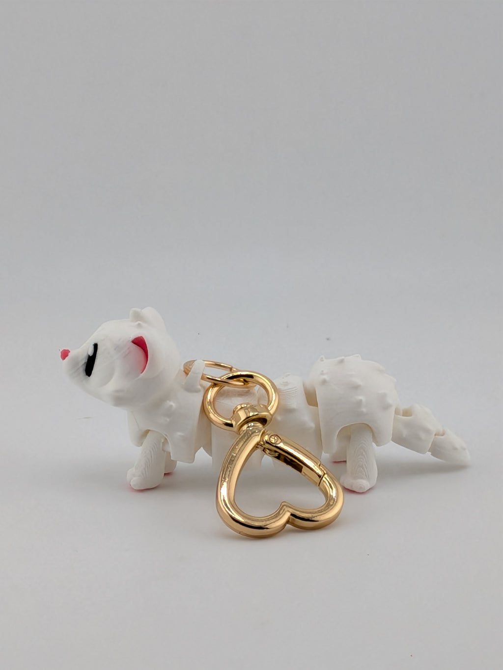 Articulated White Ferret Keychain Buddy Flexi Weasel Toy Gold Heart Clasp
