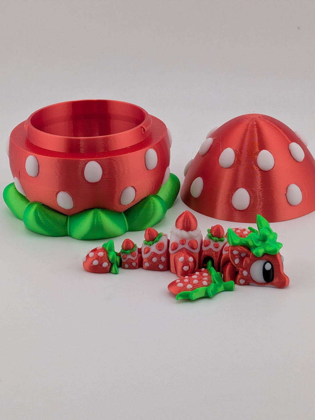 Silk PLA Strawberry Mini Dragon with Matching Fruit Egg Display Box Set