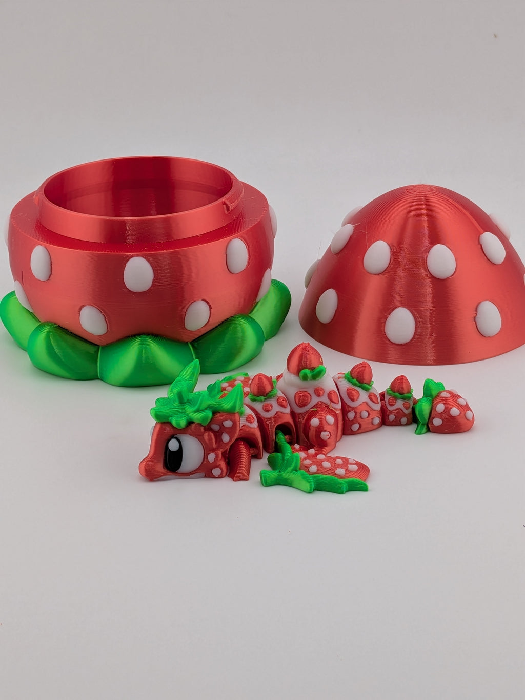 Silk PLA Strawberry Mini Dragon with Matching Fruit Egg Display Box Set