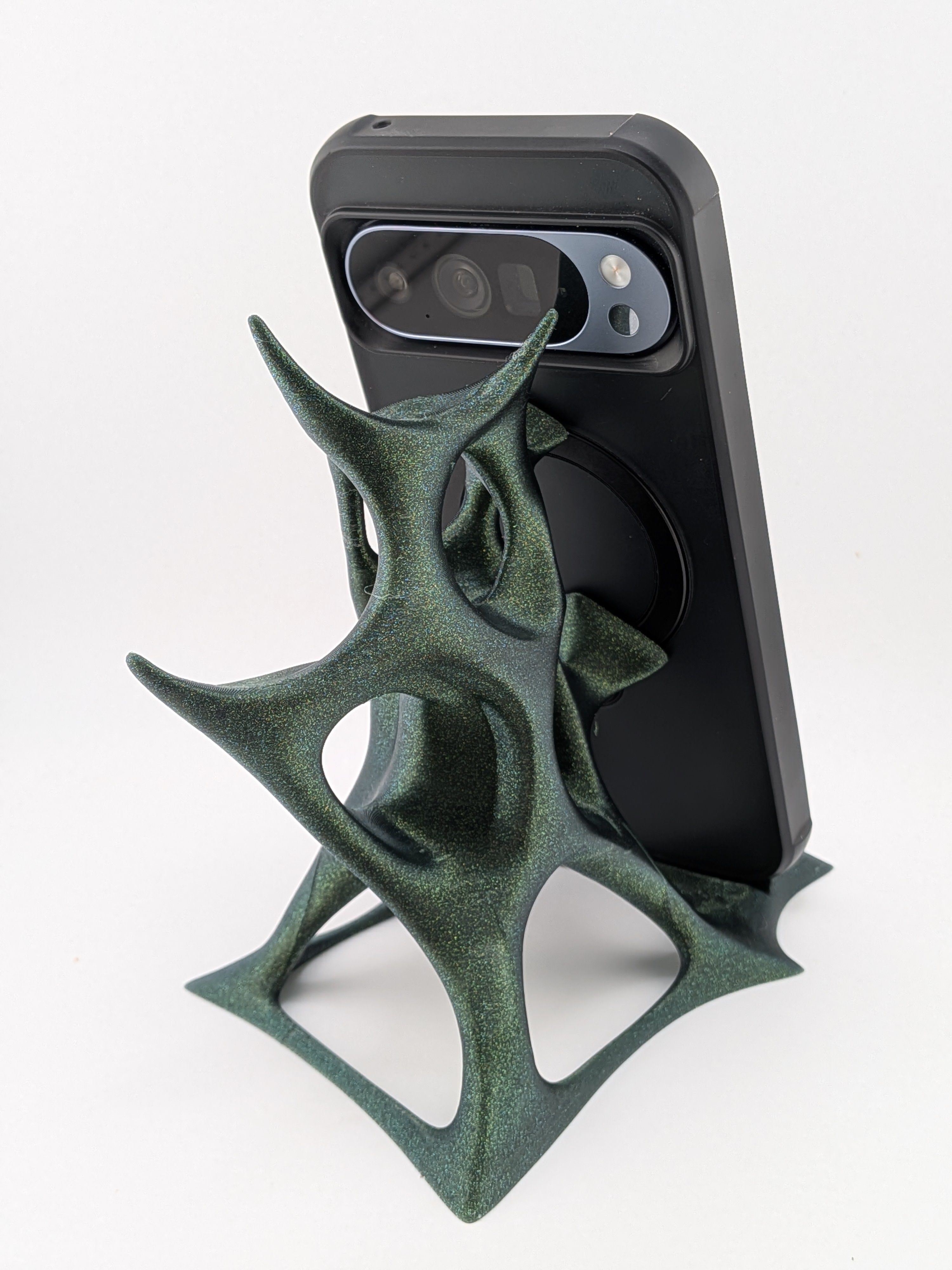 Futuristic Voronoi Cell Phone Stand Sparkle Green Galaxy Desktop Cradle