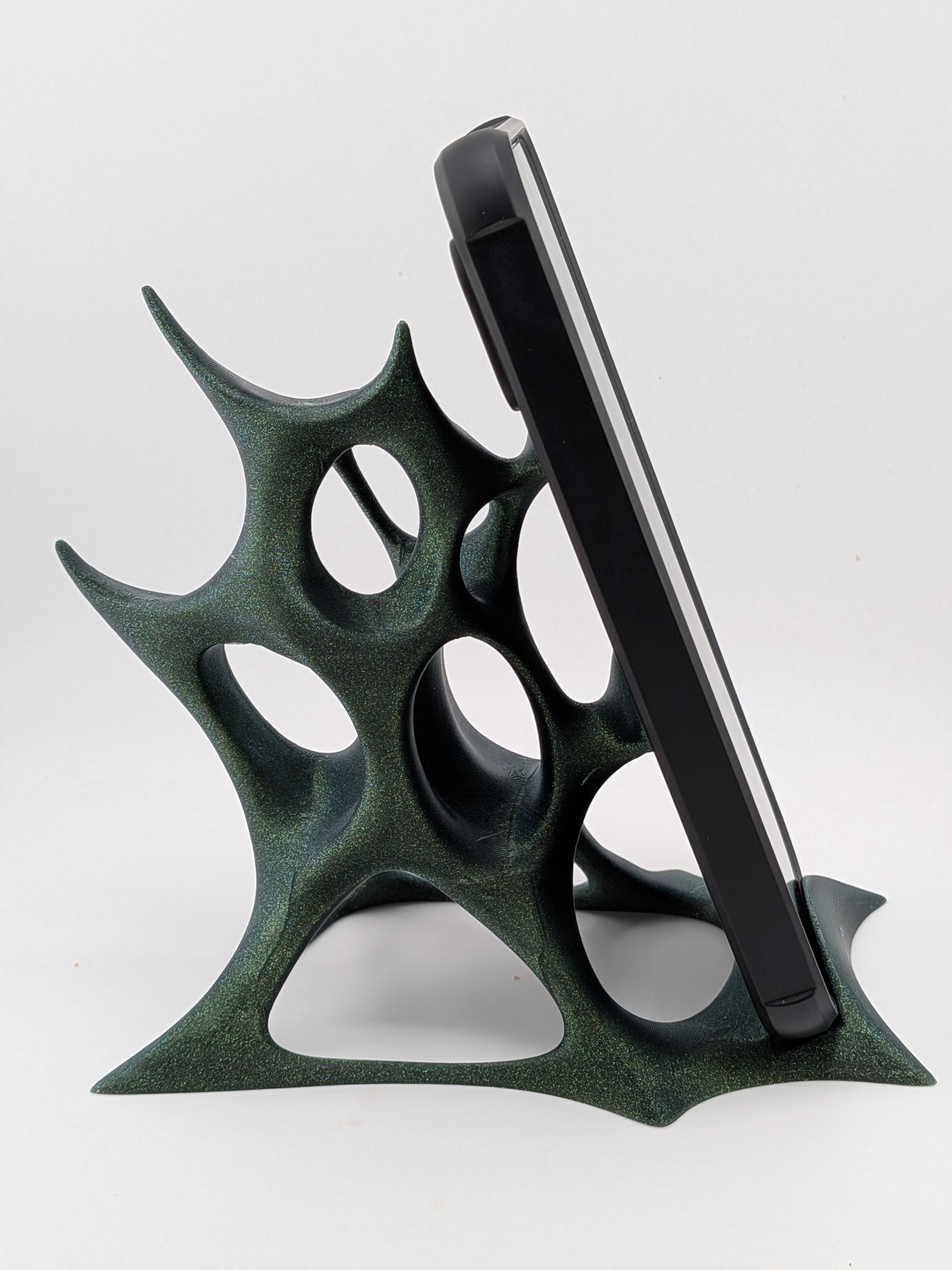 Futuristic Voronoi Cell Phone Stand Sparkle Green Galaxy Desktop Cradle
