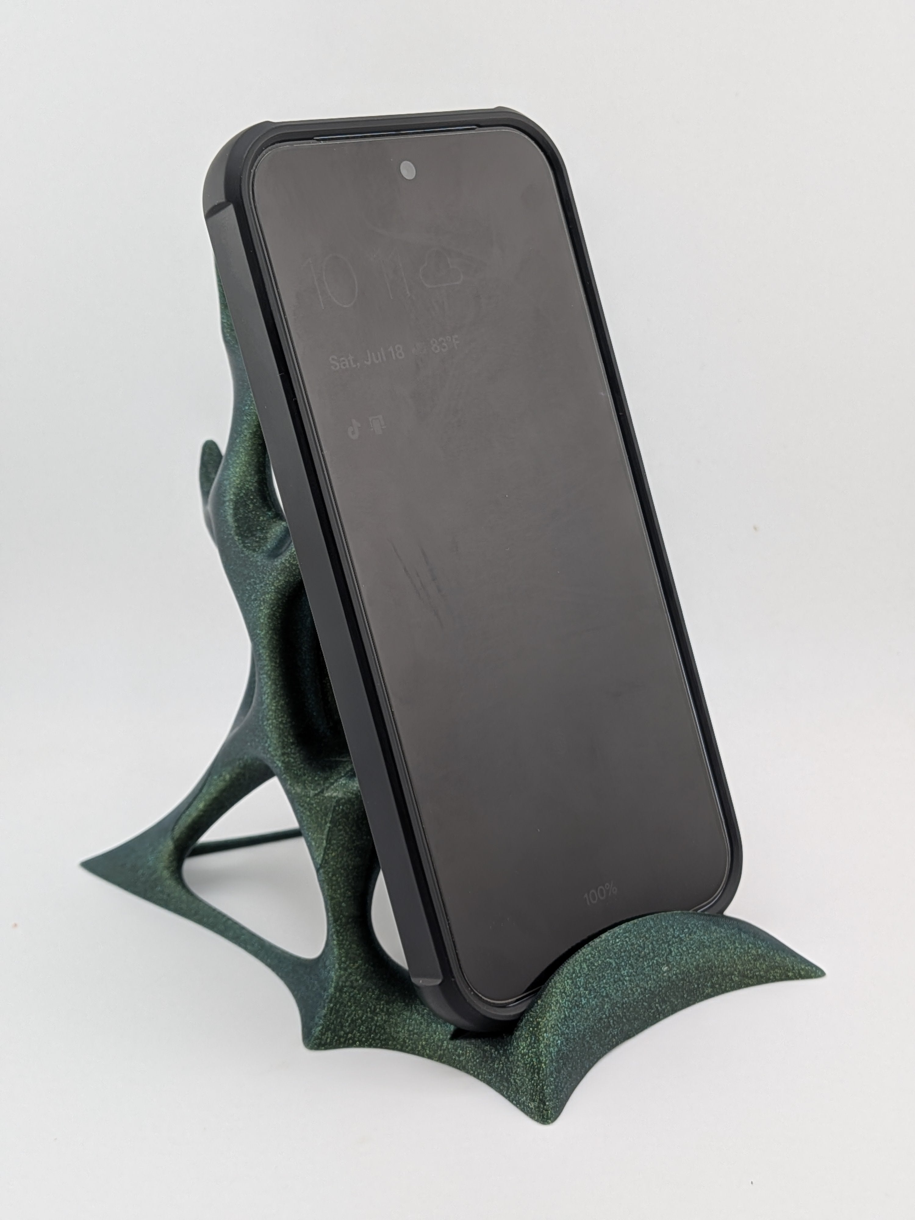 Futuristic Voronoi Cell Phone Stand Sparkle Green Galaxy Desktop Cradle