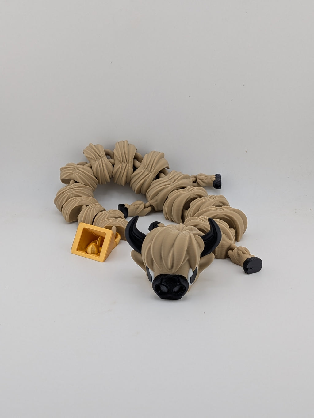 🐮🔔 16.25" Highland Cow Flexi Dragon ✨ Articulated Fidget with Gold Bell Tail 🐉🌾