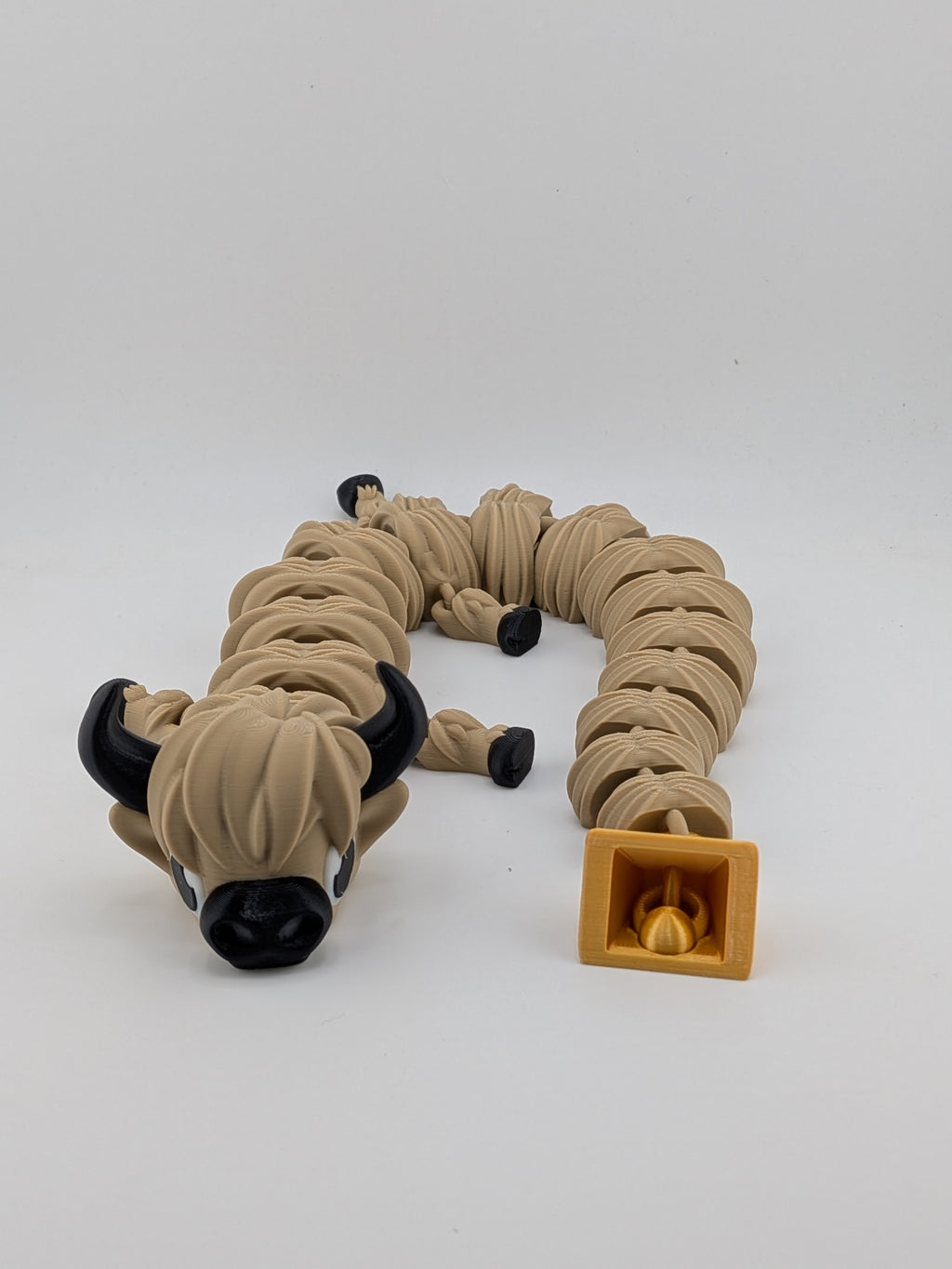 🐮🔔 16.25" Highland Cow Flexi Dragon ✨ Articulated Fidget with Gold Bell Tail 🐉🌾