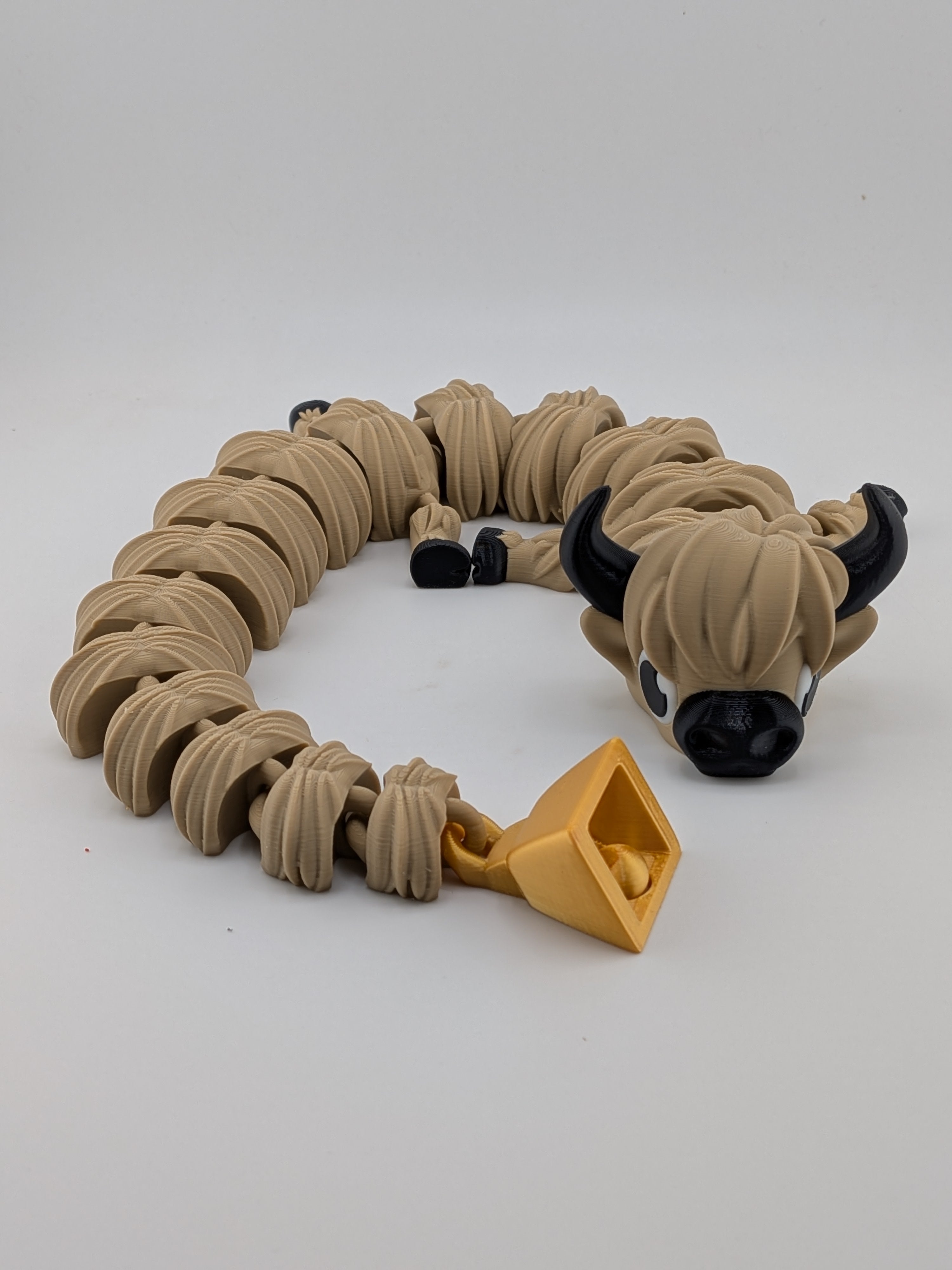 🐮🔔 16.25" Highland Cow Flexi Dragon ✨ Articulated Fidget with Gold Bell Tail 🐉🌾