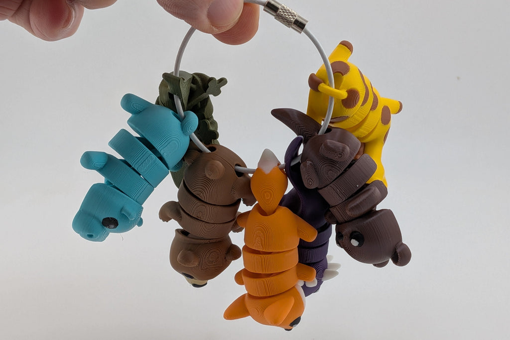 Mini Flexi Animal Keychain Set 7 Pack 3D Printed Backpack Fidget Cable Keyring
