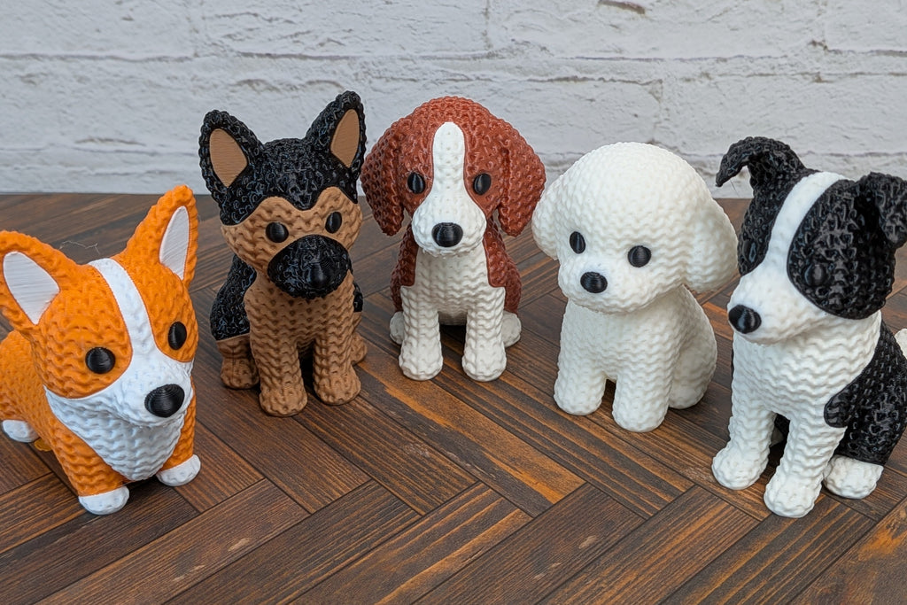 Set 2 Faux Crochet Dog Figurine 3D Printed Knit Texture Breed Desk Pet Decor