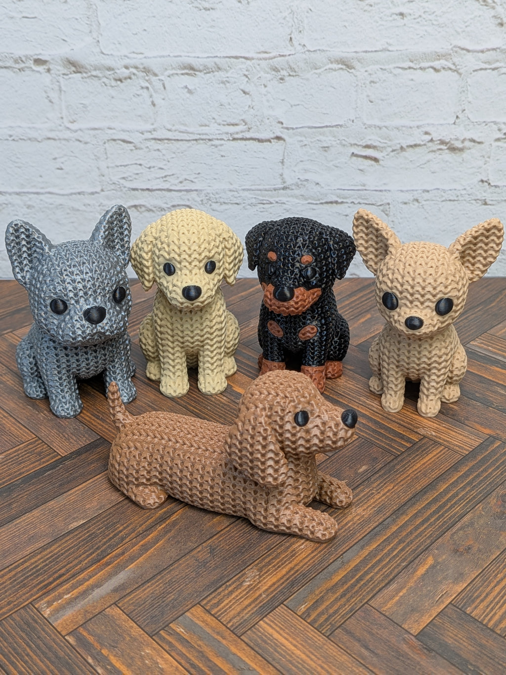 Set 3 Faux Crochet Dog Figurine 3D Printed Knit Texture Dachshund Rottweiler Frenchie