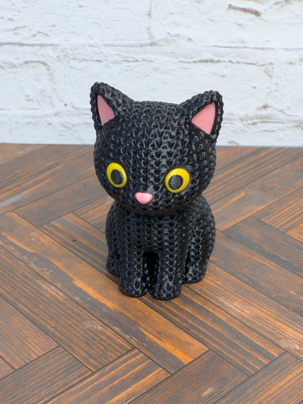 Faux Crochet Black Cat Figurine 3D Printed Knit Texture Cute Spooky Desk Pet