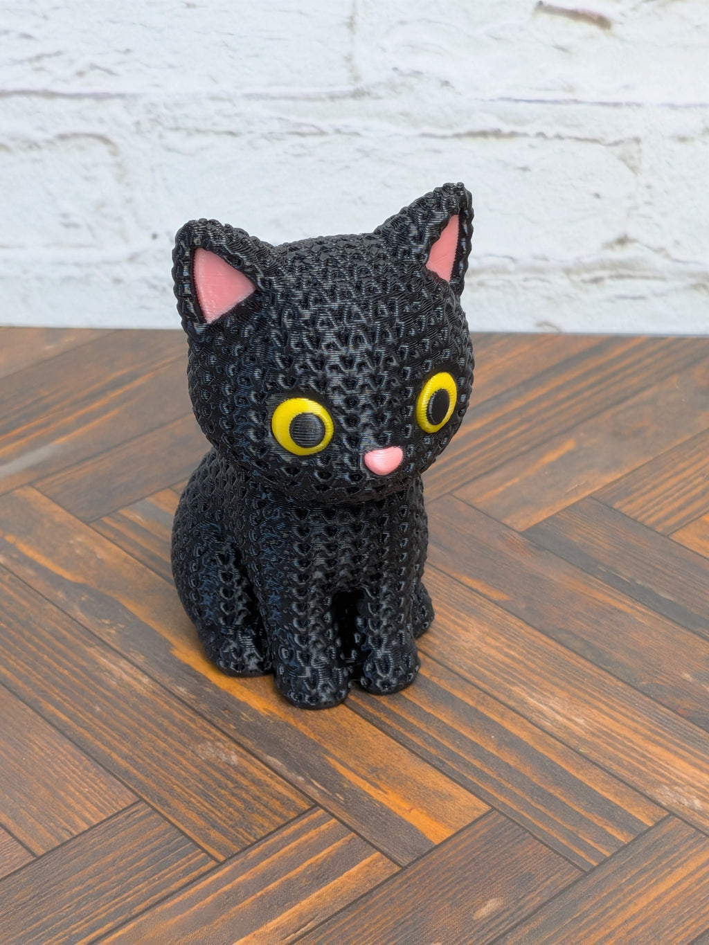 Faux Crochet Black Cat Figurine 3D Printed Knit Texture Cute Spooky Desk Pet