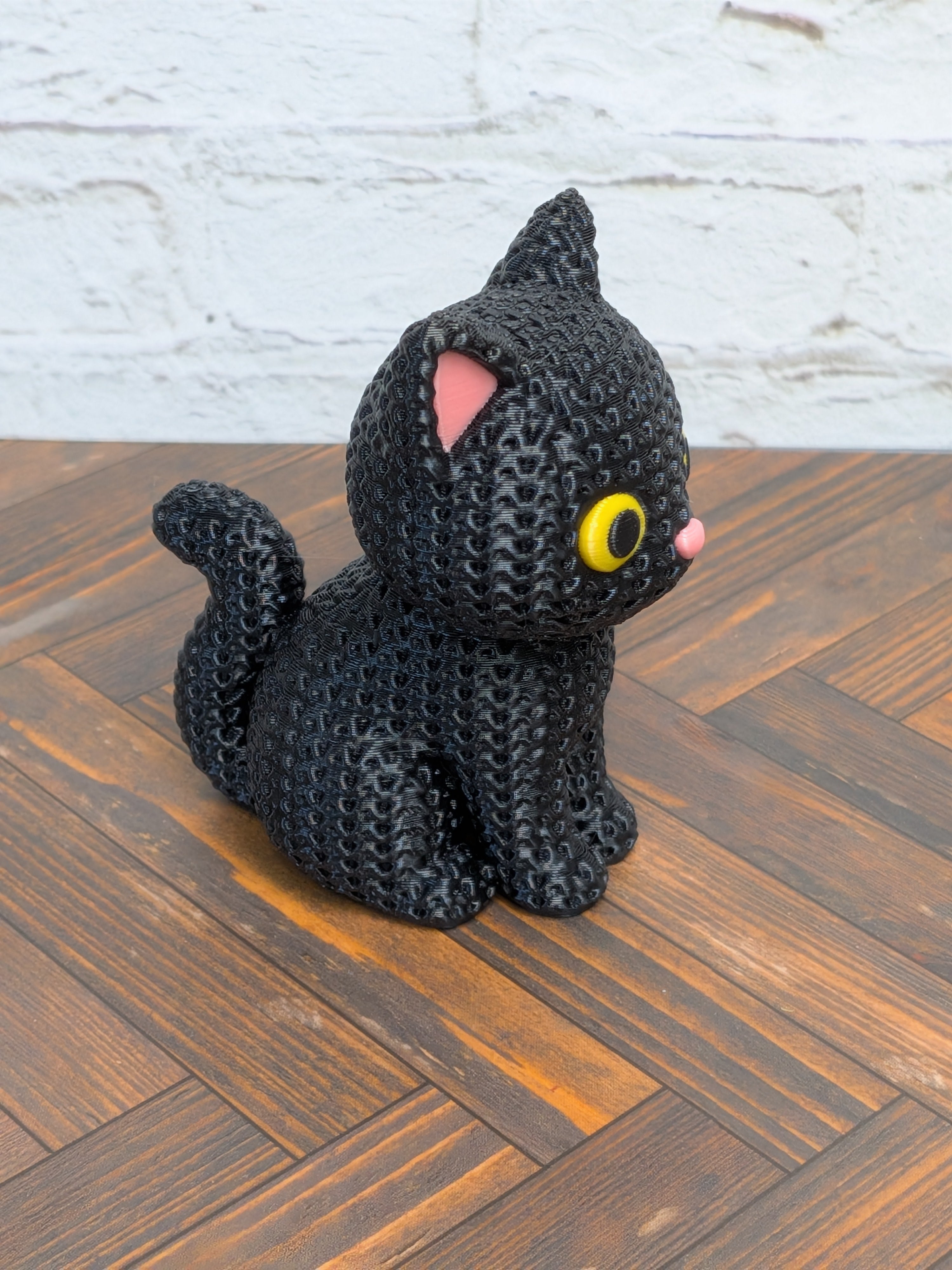 Faux Crochet Black Cat Figurine 3D Printed Knit Texture Cute Spooky Desk Pet