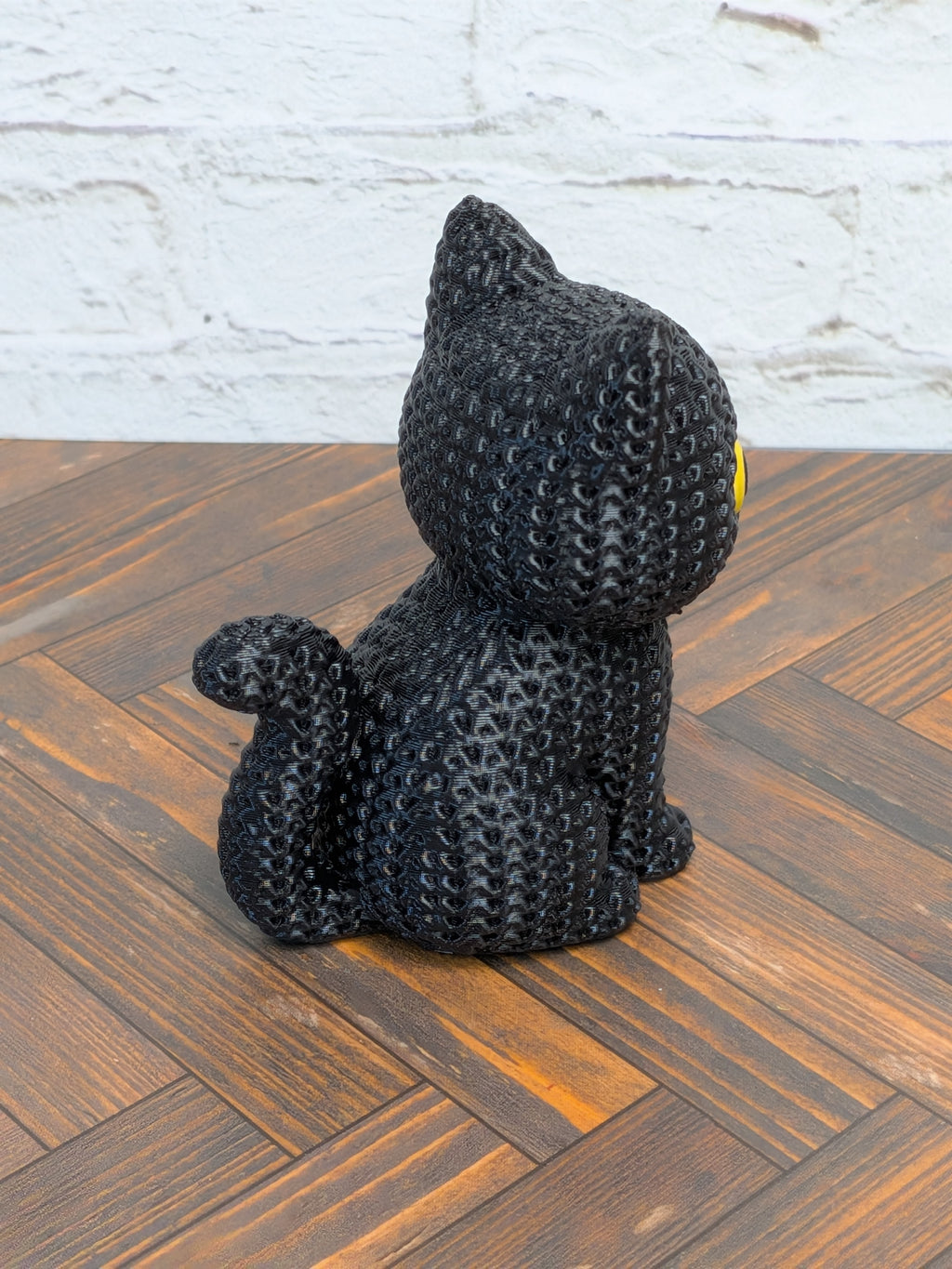 Faux Crochet Black Cat Figurine 3D Printed Knit Texture Cute Spooky Desk Pet