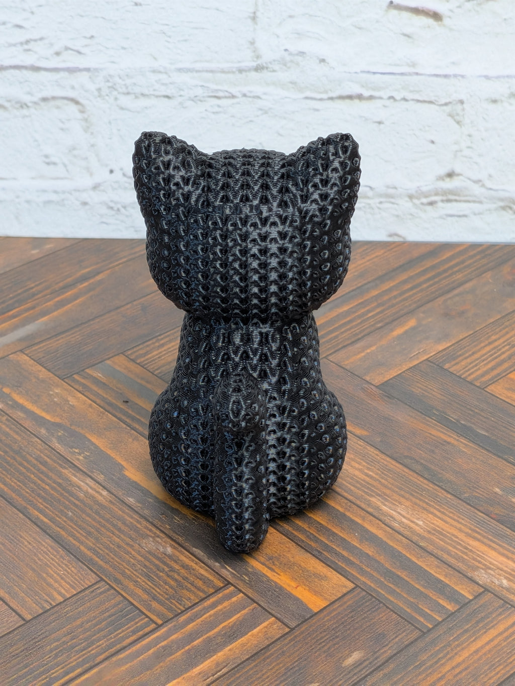 Faux Crochet Black Cat Figurine 3D Printed Knit Texture Cute Spooky Desk Pet