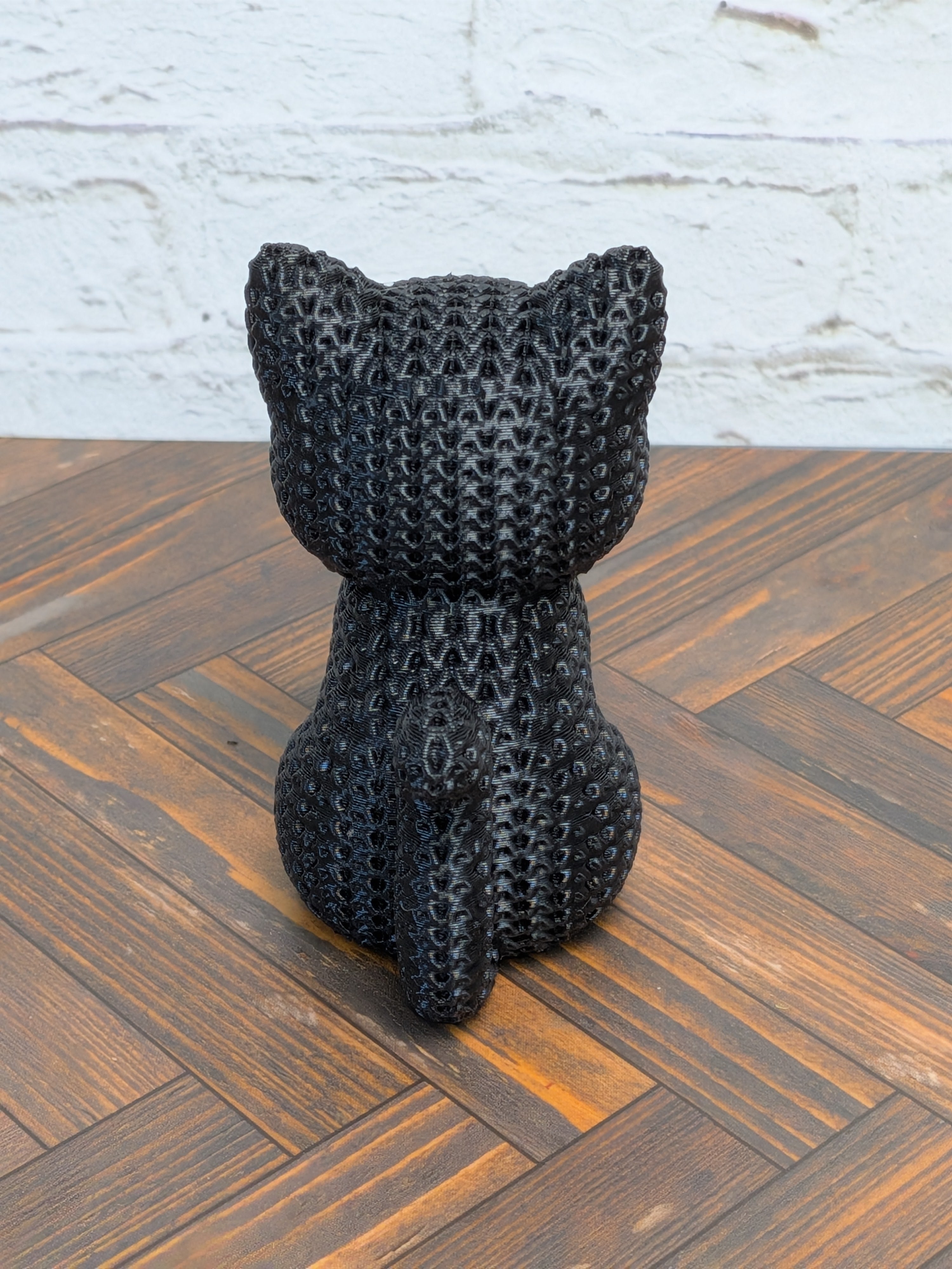 Faux Crochet Black Cat Figurine 3D Printed Knit Texture Cute Spooky Desk Pet
