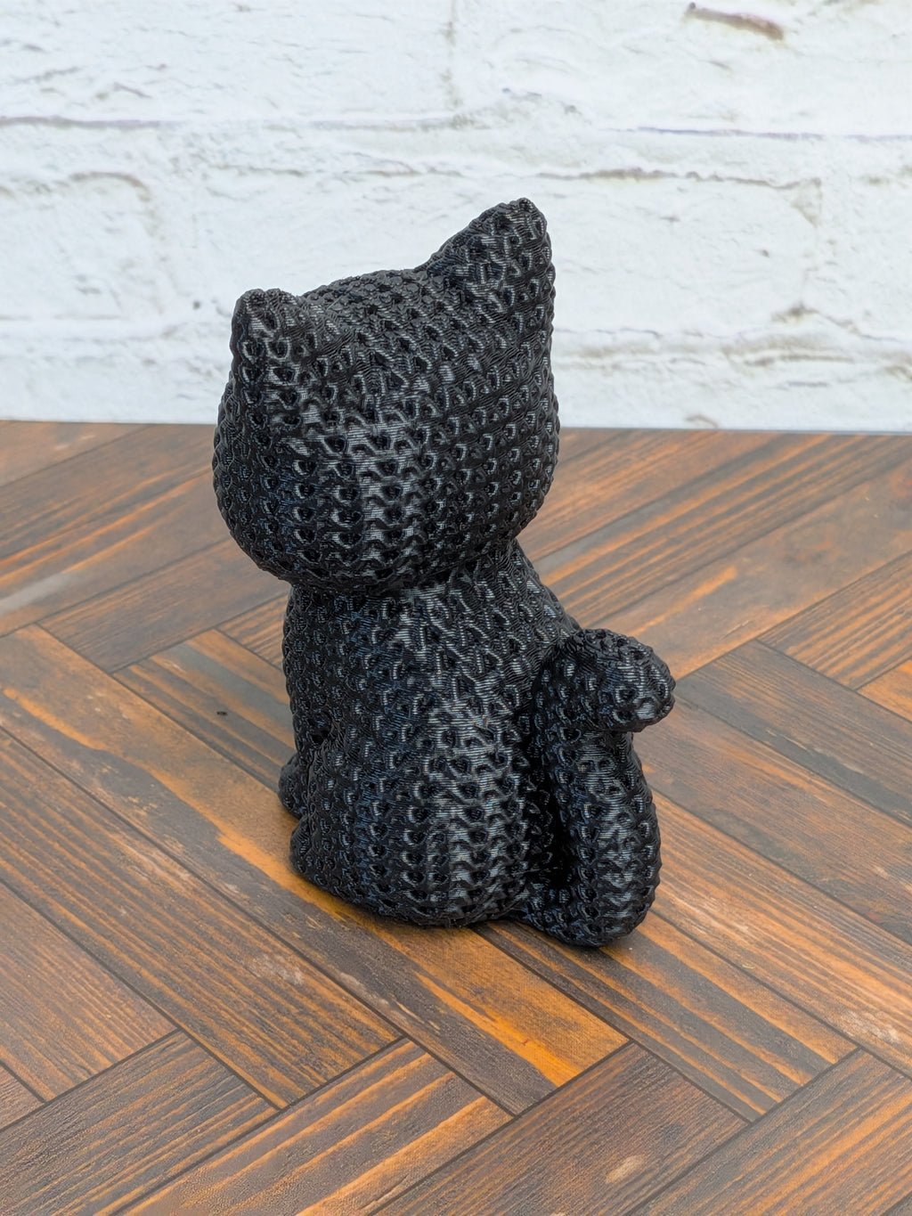 Faux Crochet Black Cat Figurine 3D Printed Knit Texture Cute Spooky Desk Pet