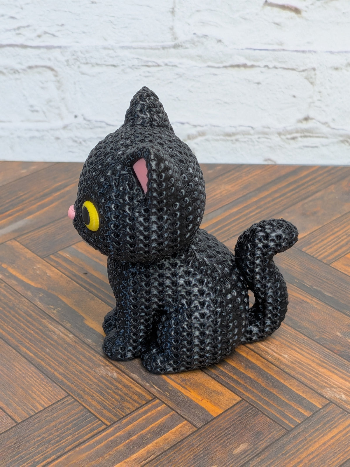 Faux Crochet Black Cat Figurine 3D Printed Knit Texture Cute Spooky Desk Pet