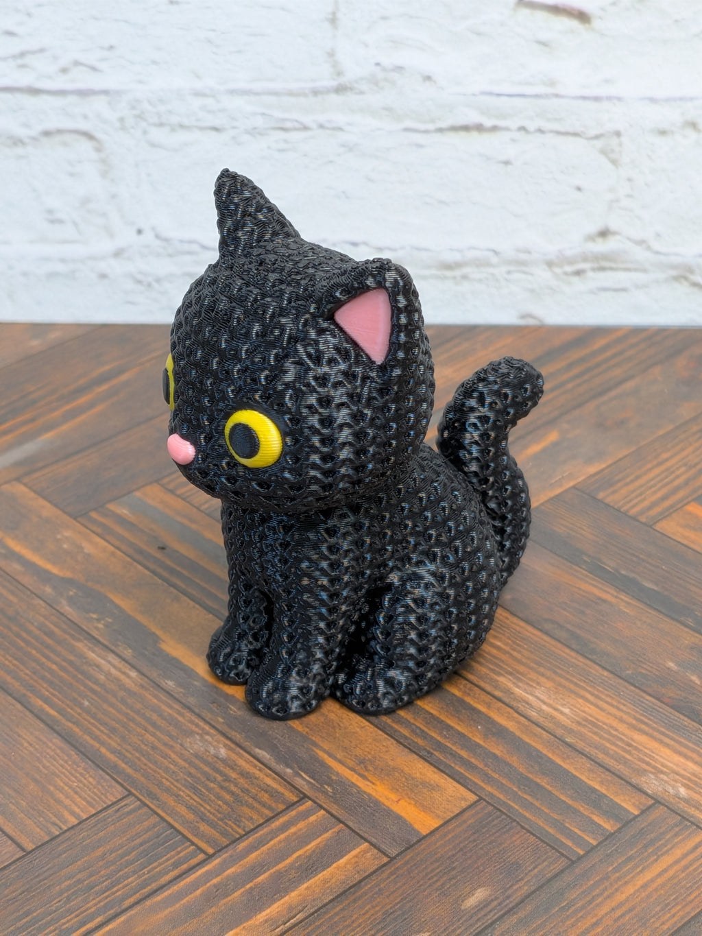 Faux Crochet Black Cat Figurine 3D Printed Knit Texture Cute Spooky Desk Pet