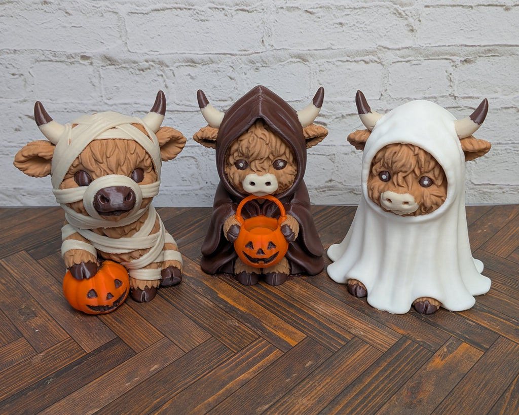 Udderly Dead Highland Cow Figurines 3D Printed Halloween Ghost Mummy Reaper Desk Decor