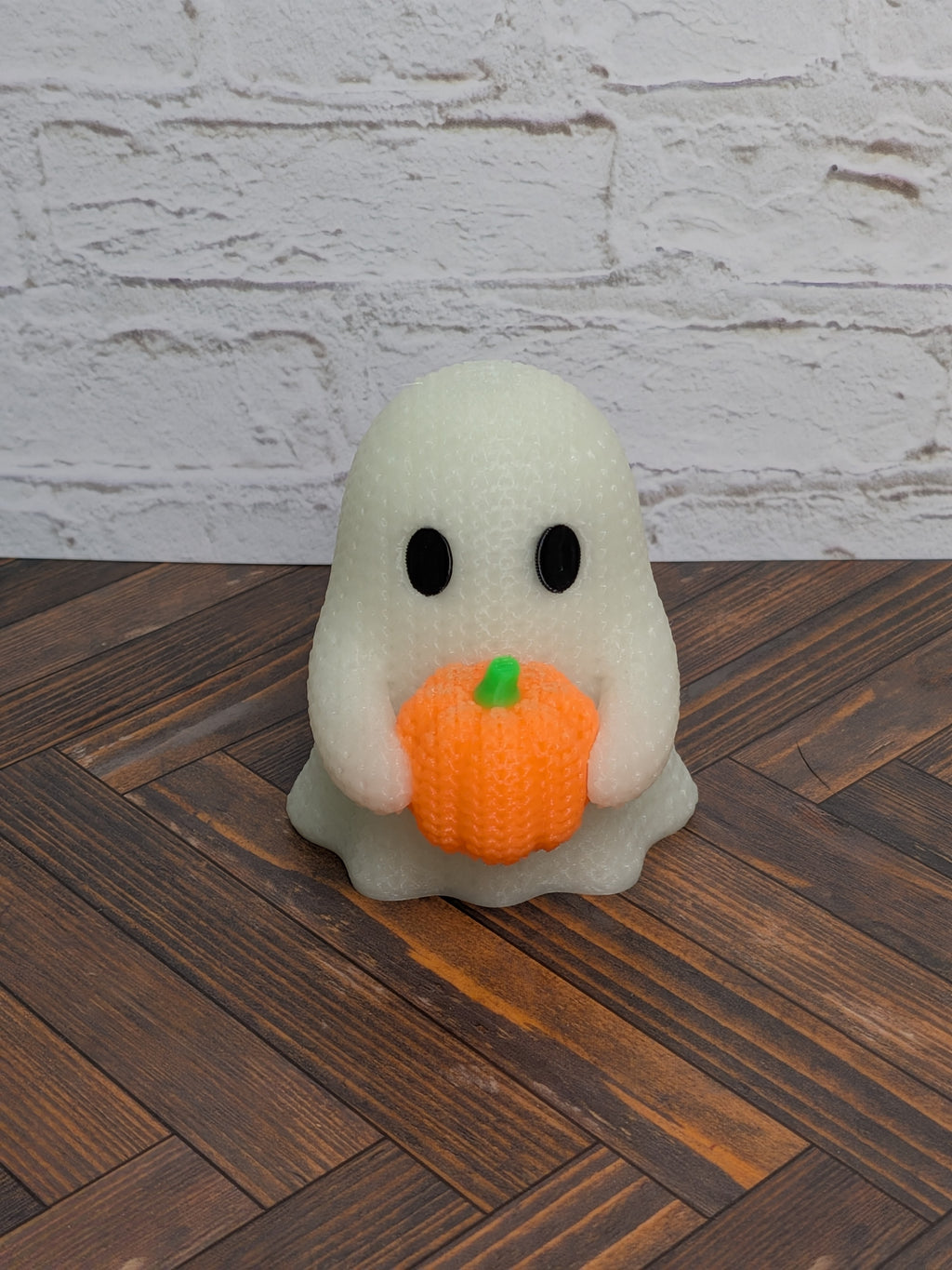 Faux Crochet Glow Ghost with Pumpkin Figurine UV Reactive 3D Printed Knit Halloween Desk Decor