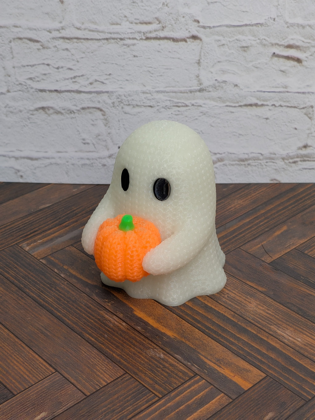 Faux Crochet Glow Ghost with Pumpkin Figurine UV Reactive 3D Printed Knit Halloween Desk Decor