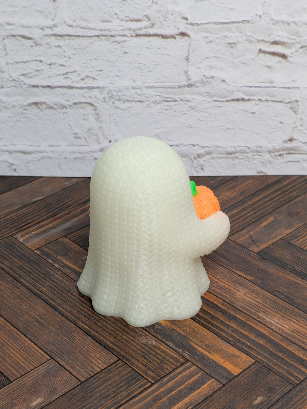 Faux Crochet Glow Ghost with Pumpkin Figurine UV Reactive 3D Printed Knit Halloween Desk Decor