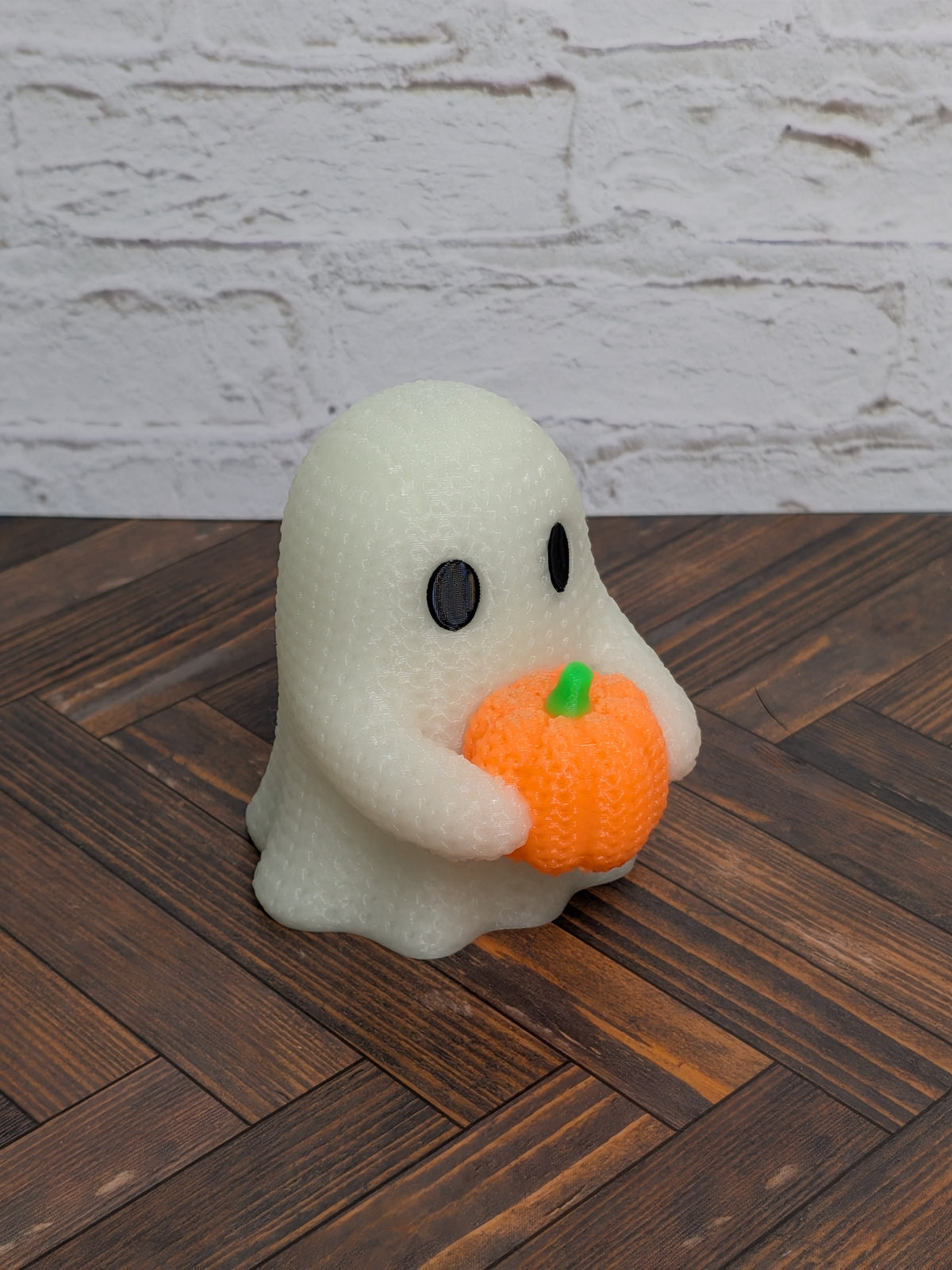 Faux Crochet Glow Ghost with Pumpkin Figurine UV Reactive 3D Printed Knit Halloween Desk Decor