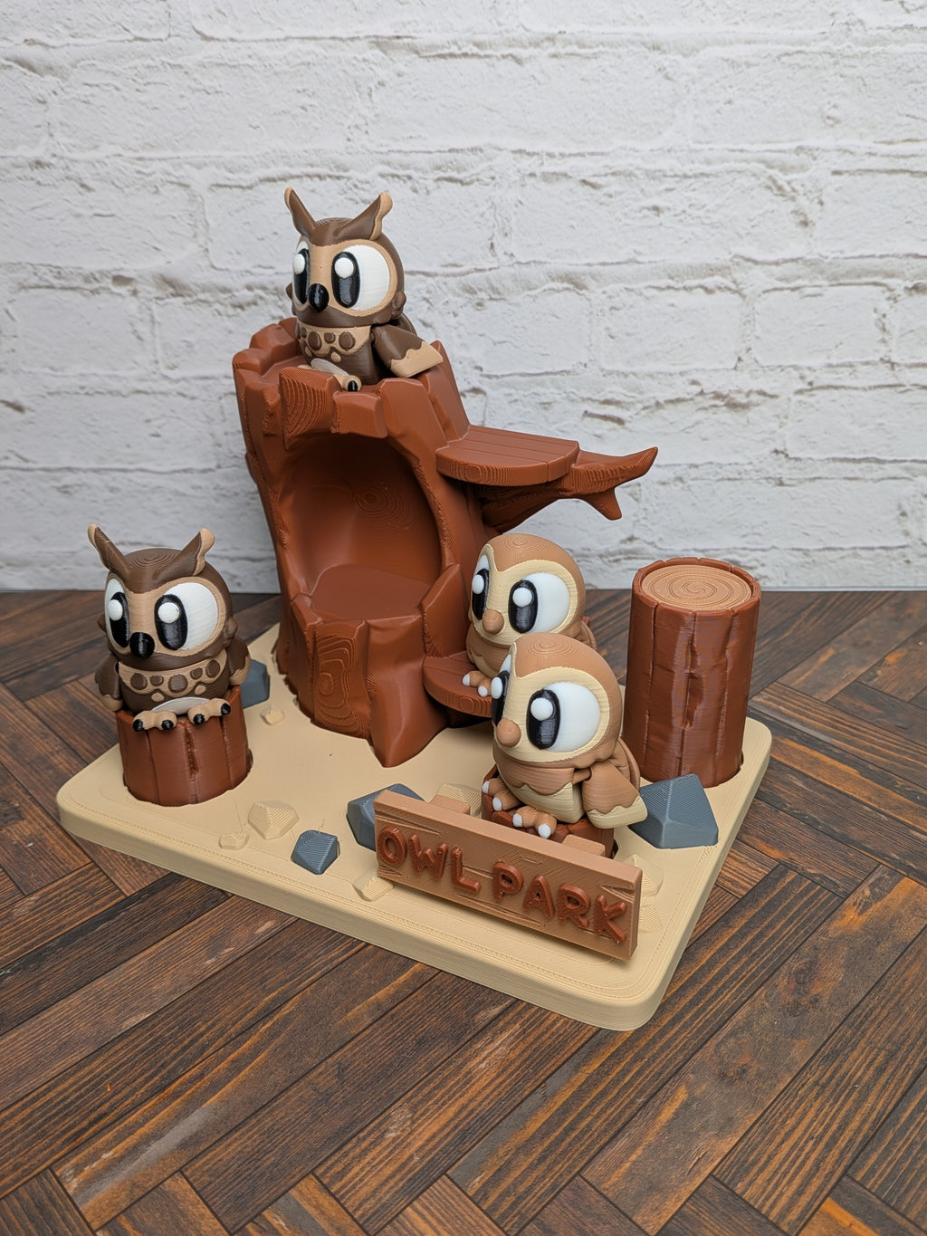 Owl Park Diorama Playset 3D Printed Desk Decor Includes 4 Articulated Owls