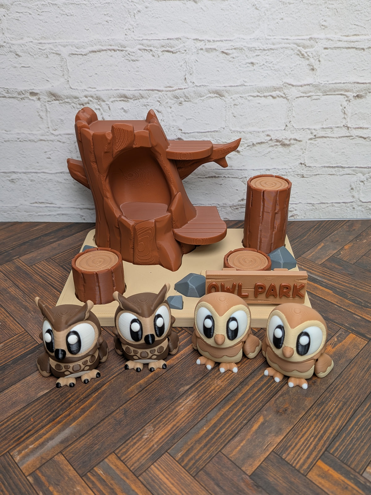 Owl Park Diorama Playset 3D Printed Desk Decor Includes 4 Articulated Owls