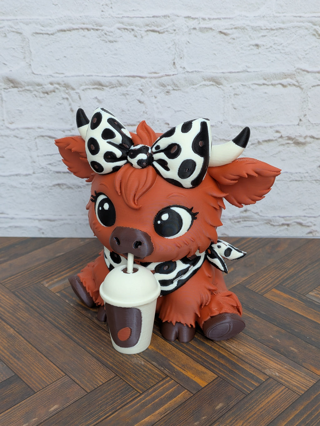 Udderly Spiced Highland Cow Figurines 4" 3D Printed Pumpkin Spice Iced Latte Mug Fall Decor
