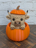 4" Highland Cow in Pumpkin Figurine 3D Printed Fall Desk Pet Autumn Tiered Tray Decor