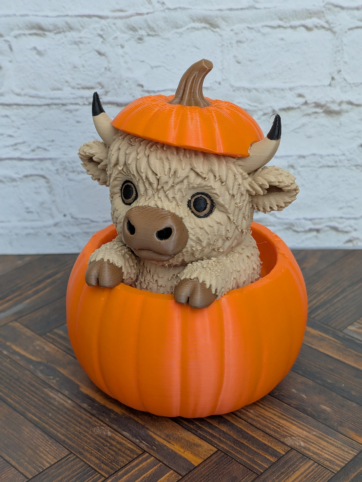 4" Highland Cow in Pumpkin Figurine 3D Printed Fall Desk Pet Autumn Tiered Tray Decor