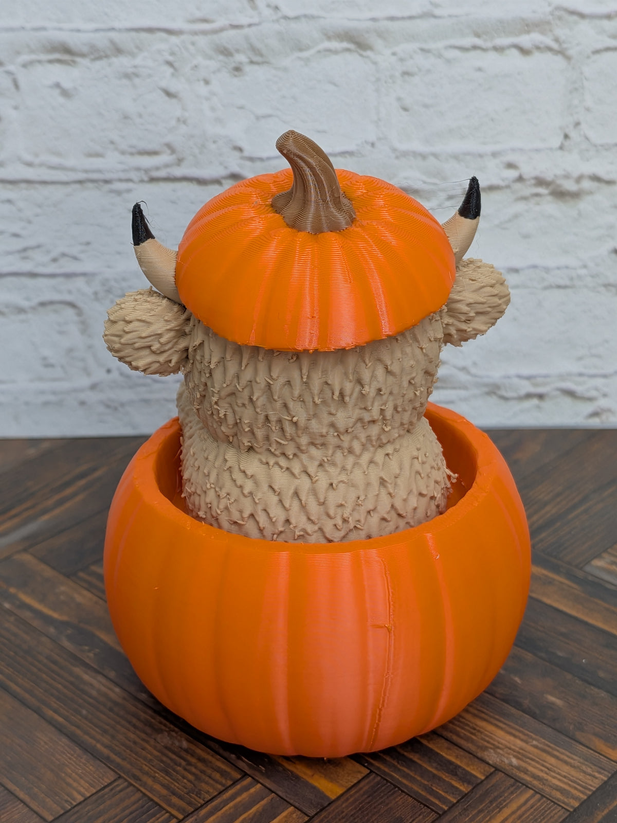 4" Highland Cow in Pumpkin Figurine 3D Printed Fall Desk Pet Autumn Tiered Tray Decor