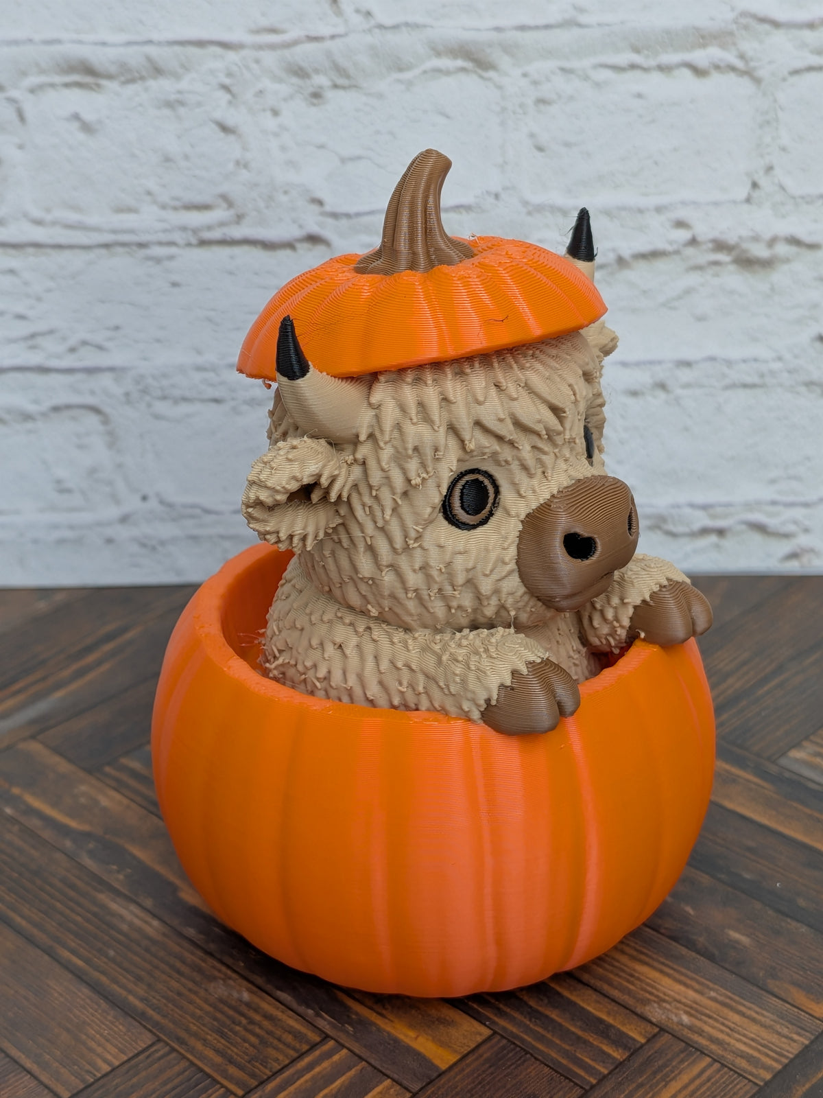 4" Highland Cow in Pumpkin Figurine 3D Printed Fall Desk Pet Autumn Tiered Tray Decor