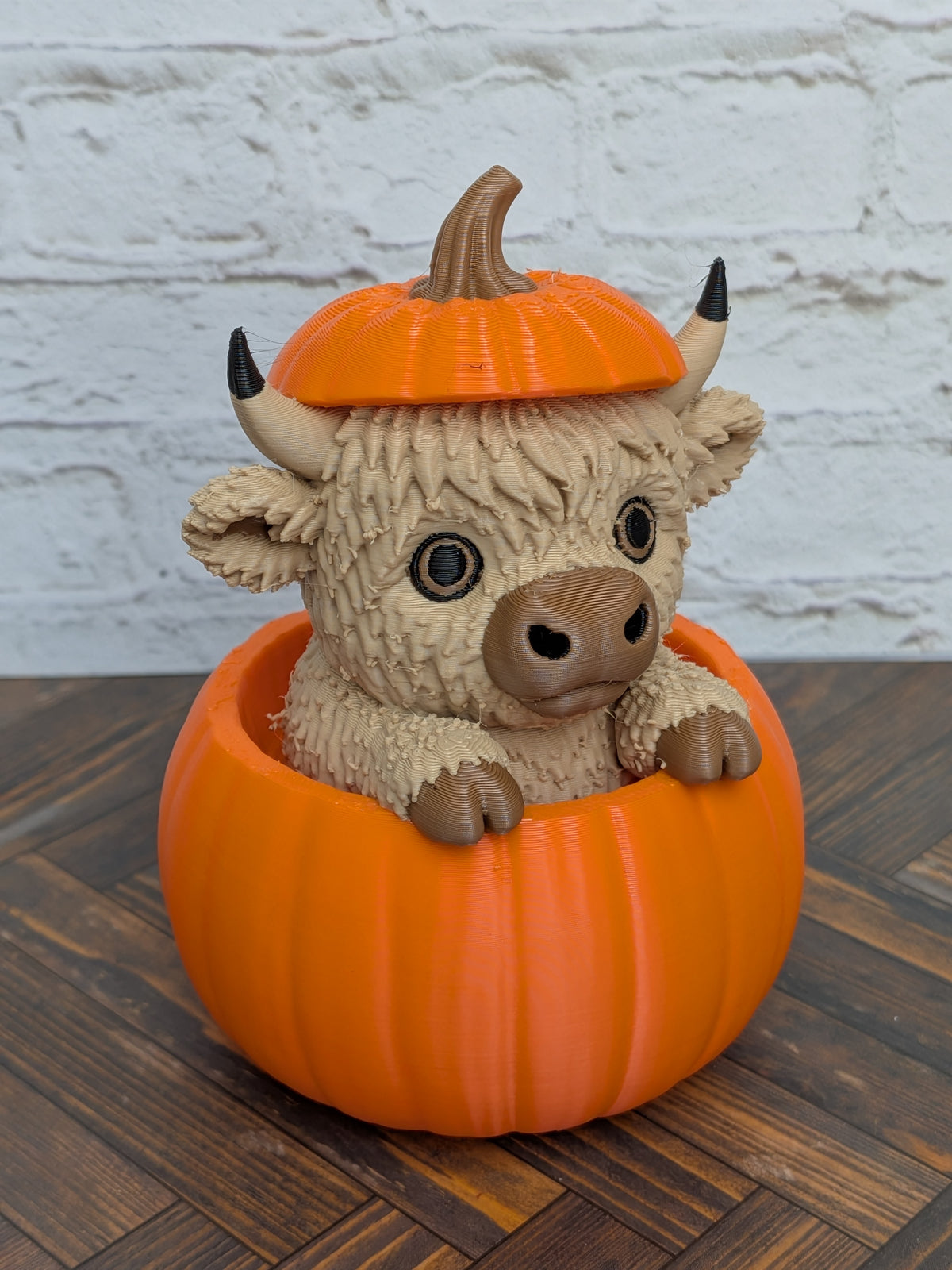 4" Highland Cow in Pumpkin Figurine 3D Printed Fall Desk Pet Autumn Tiered Tray Decor