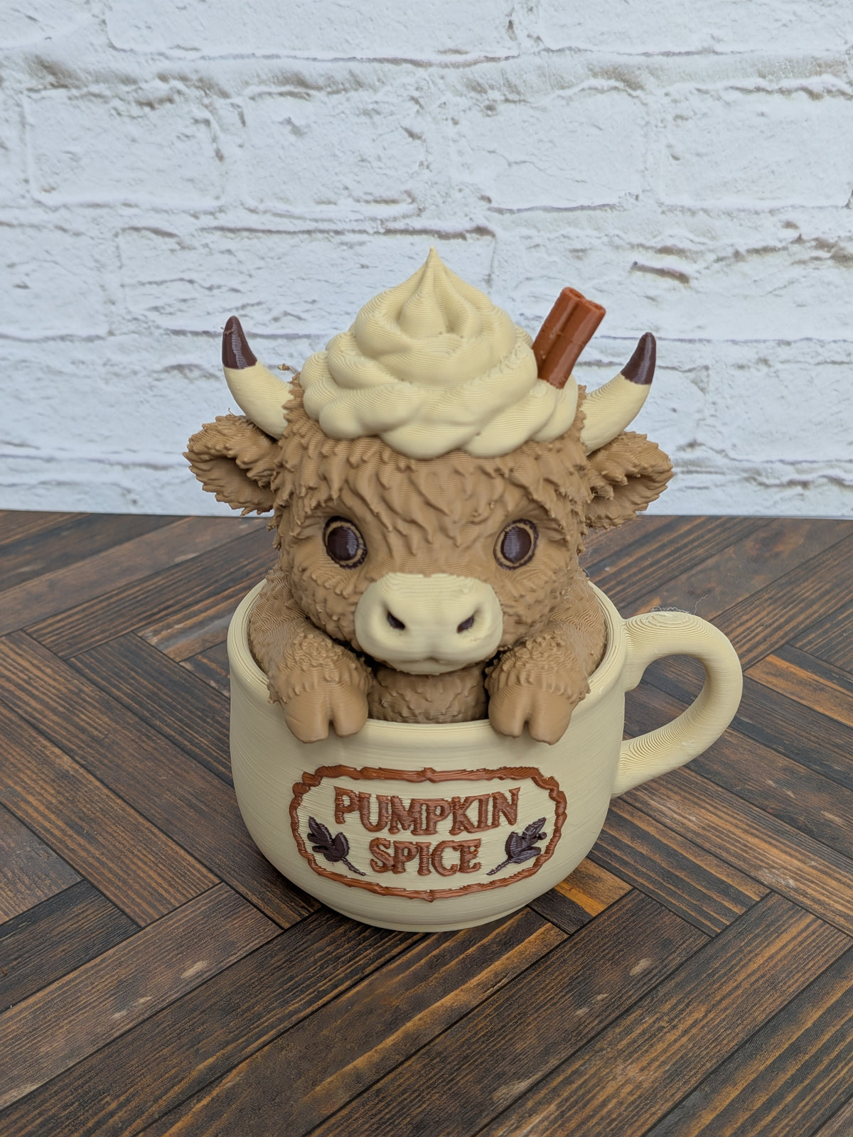 Udderly Spiced Highland Cow Figurines 4" 3D Printed Pumpkin Spice Iced Latte Mug Fall Decor