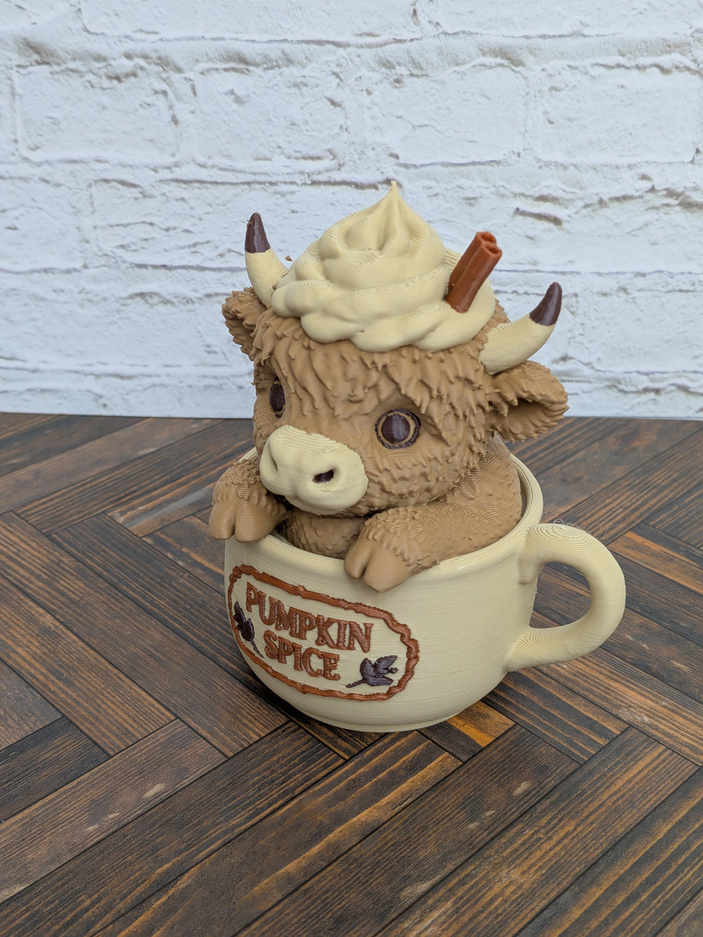 Udderly Spiced Highland Cow Figurines 4" 3D Printed Pumpkin Spice Iced Latte Mug Fall Decor