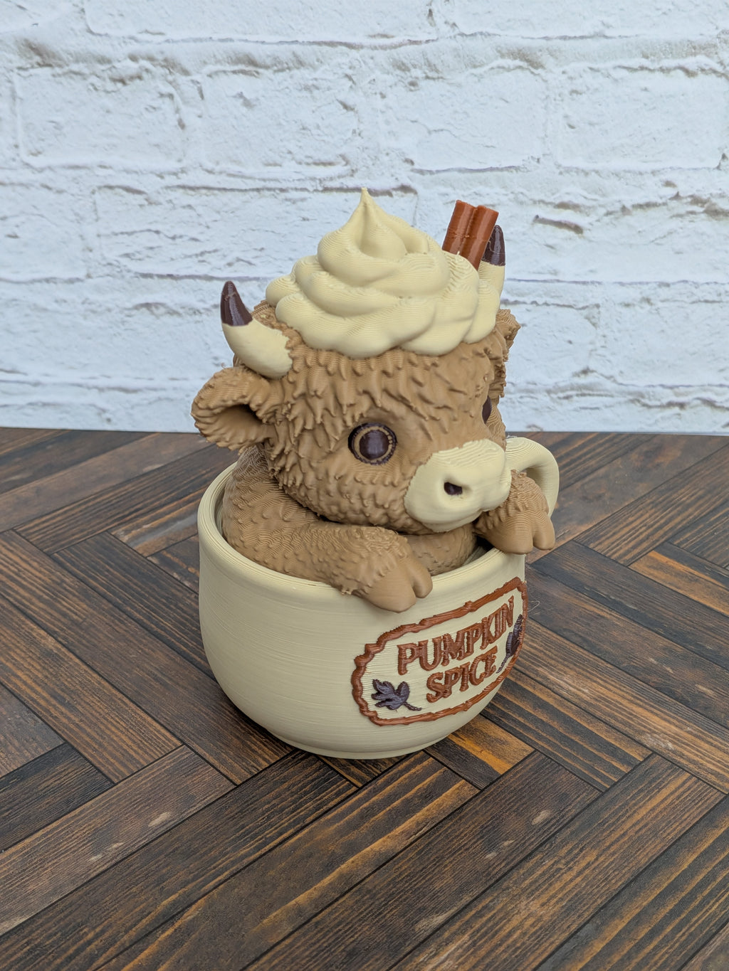 Udderly Spiced Highland Cow Figurines 4" 3D Printed Pumpkin Spice Iced Latte Mug Fall Decor