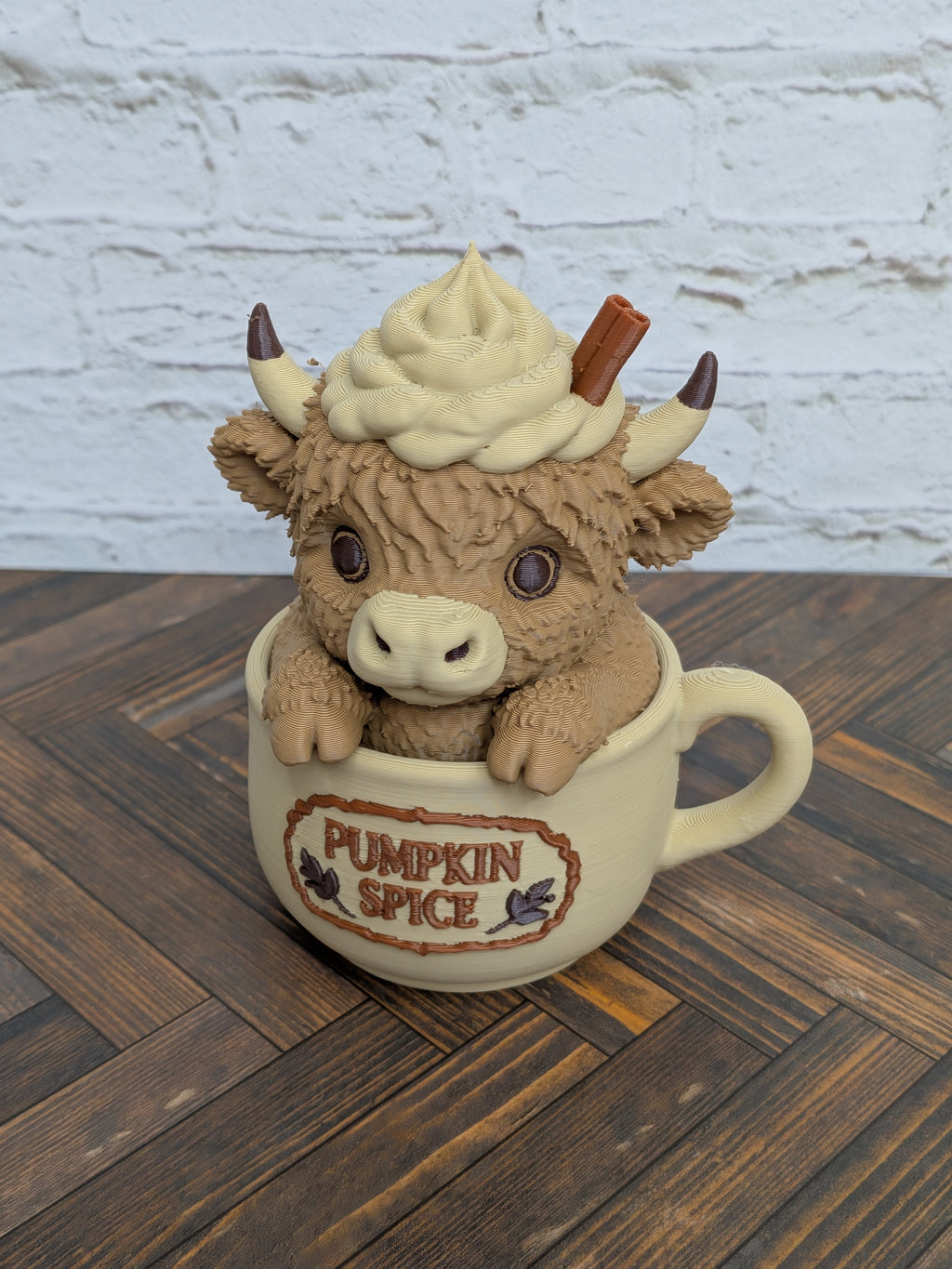 Udderly Spiced Highland Cow Figurines 4" 3D Printed Pumpkin Spice Iced Latte Mug Fall Decor