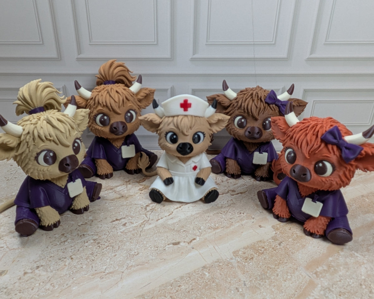 Nurse Highland Cow Figurine 3D Printed Healthcare Scrub Calf Medical Desk Decor Gift