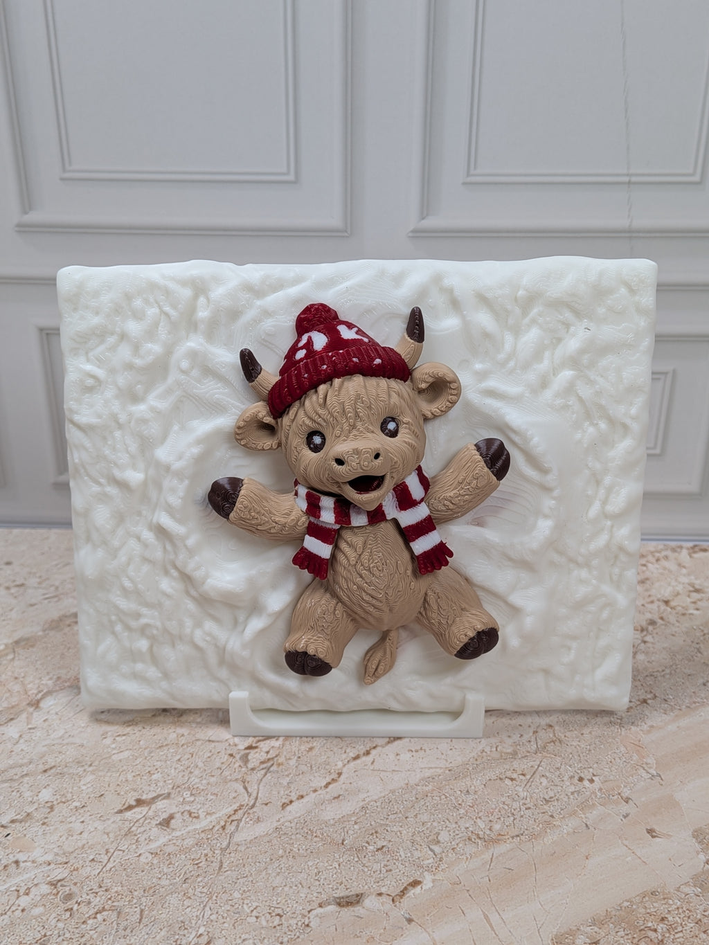 Highland Cow Snow Angel 3D Printed Plaque 5"x4" Winter Christmas Desk Decor with Stand