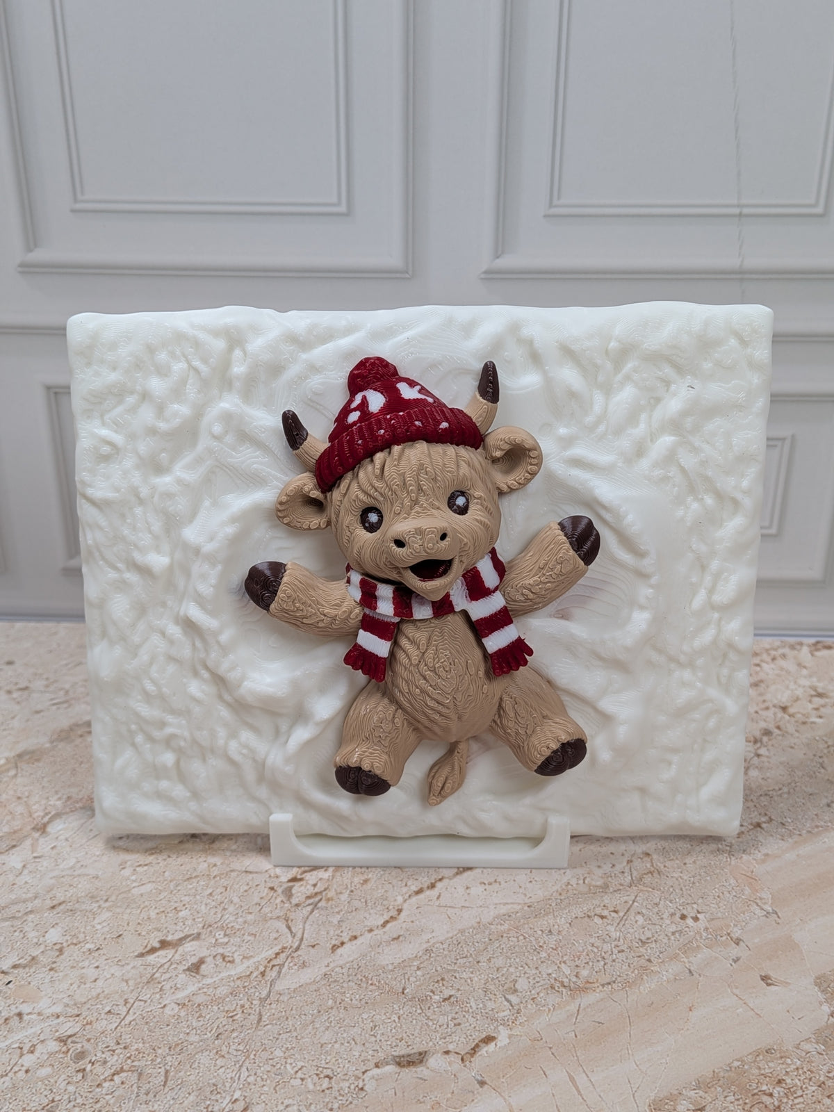 Highland Cow Snow Angel 3D Printed Plaque 5"x4" Winter Christmas Desk Decor with Stand