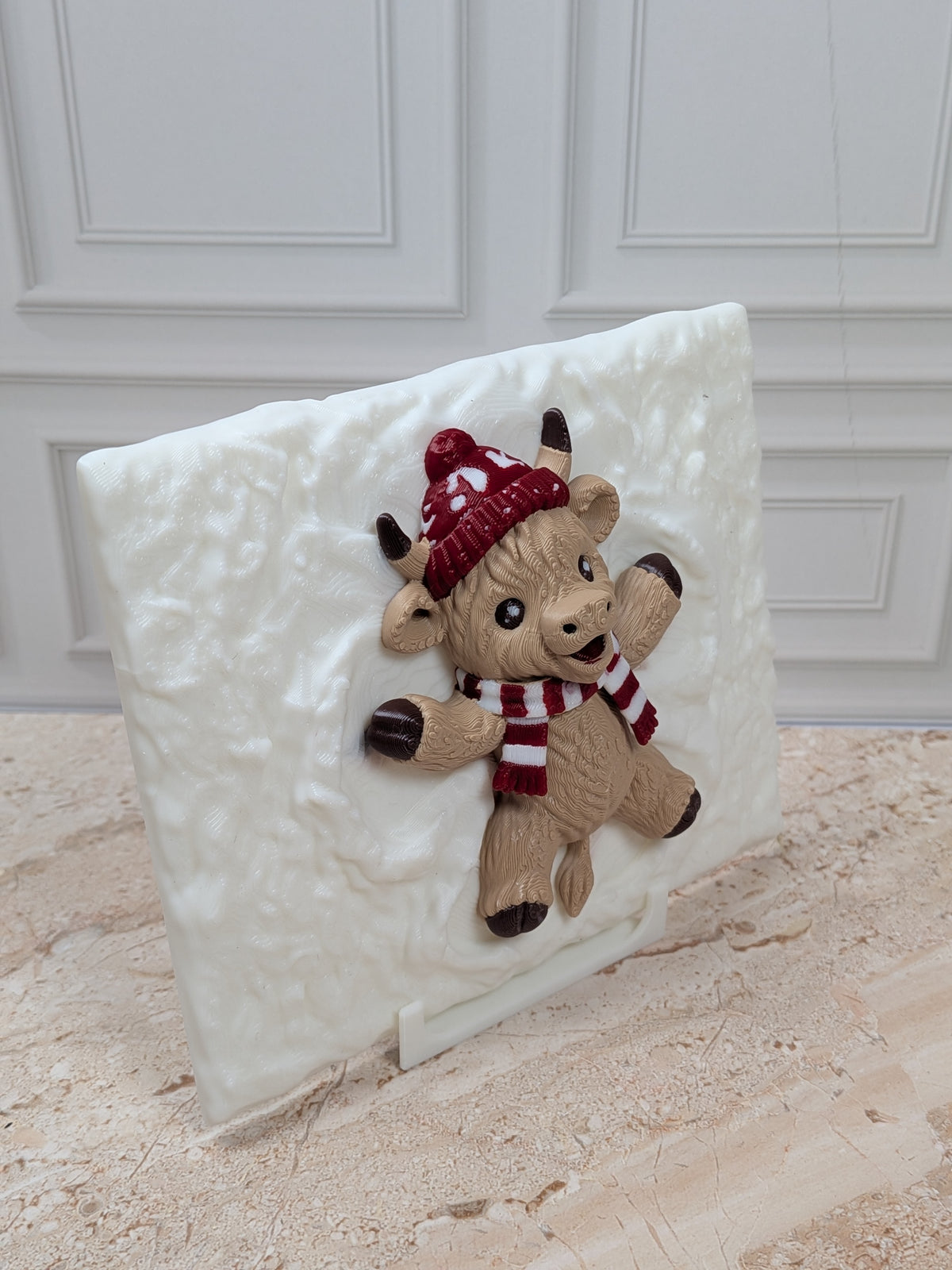 Highland Cow Snow Angel 3D Printed Plaque 5"x4" Winter Christmas Desk Decor with Stand